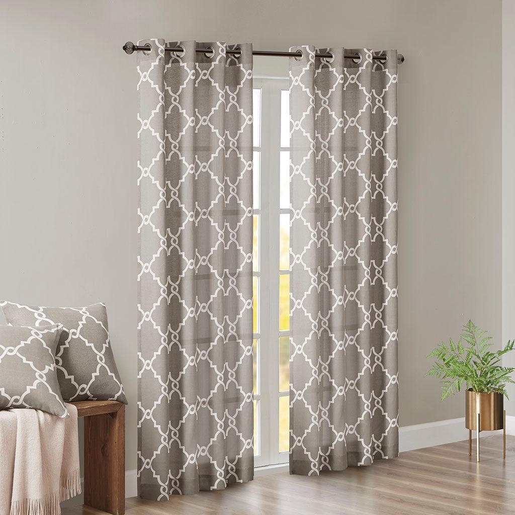 Olliix.com Curtains - Saratoga 95 H Fretwork Print Grommet Top Window Curtain Gray