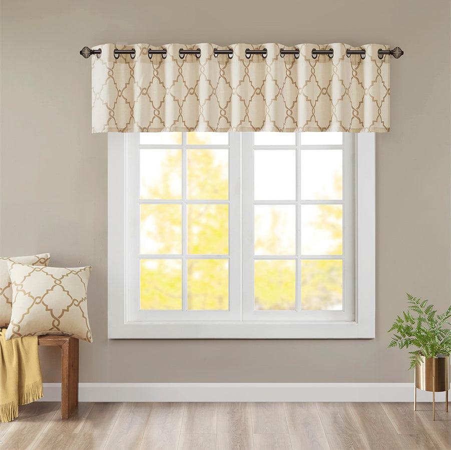 Olliix.com Curtains - Saratoga Fretwork Print Grommet Top Window Valance Beige & Gold