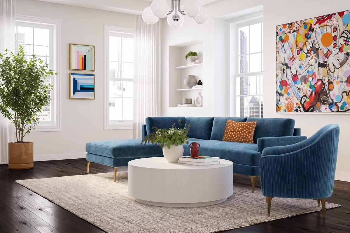 Tov Furniture Sectional Sofas - Serena Blue Velvet LAF Chaise Sectional