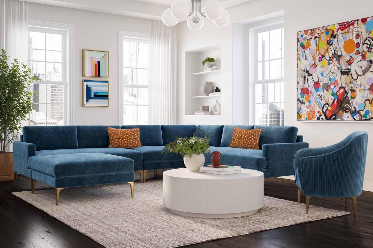 Tov Furniture Sectional Sofas - Serena Blue Velvet Large Chaise Sectional