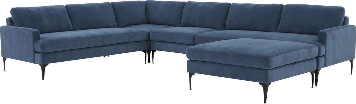 Tov Furniture Sectional Sofas - Serena Blue Velvet Large Chaise Sectional with Black Legs