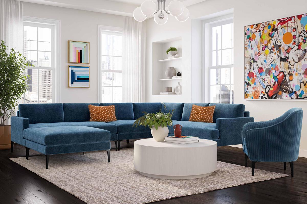 Tov Furniture Sectional Sofas - Serena Blue Velvet Large Chaise Sectional with Black Legs