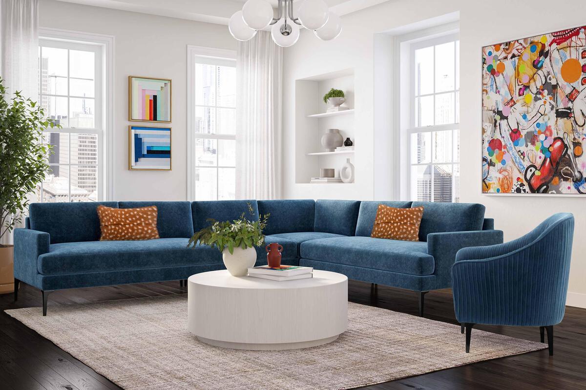 Tov Furniture Sectional Sofas - Serena Blue Velvet Large L-Sectional with Black Legs