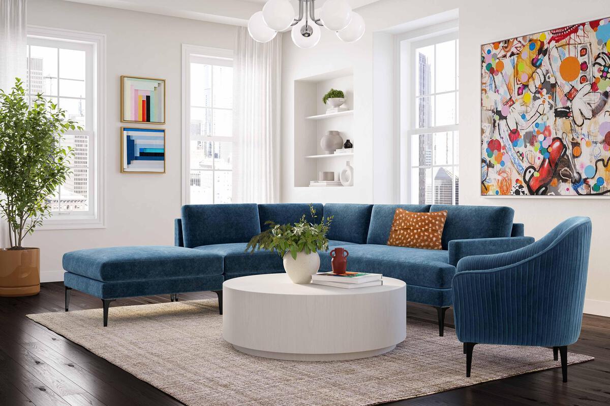 Tov Furniture Sectional Sofas - Serena Blue Velvet Large LAF Chaise Sectional with Black Legs