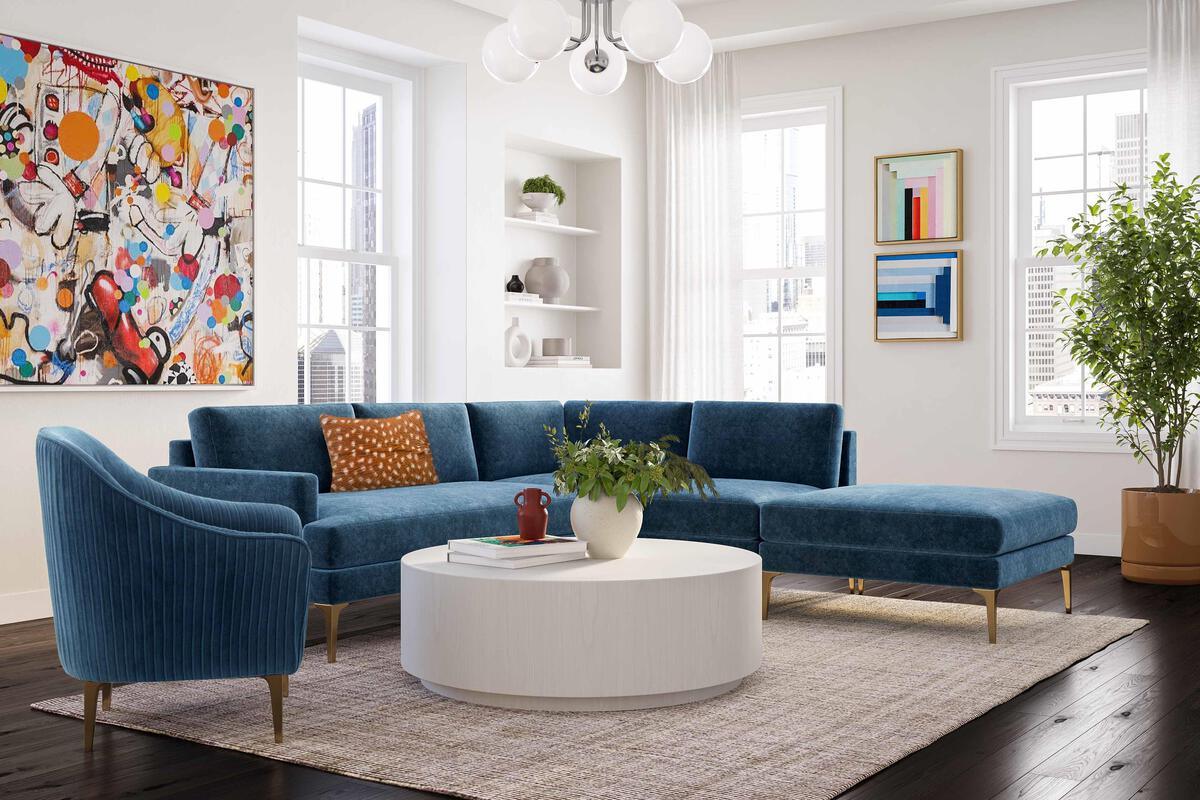 Tov Furniture Sectional Sofas - Serena Blue Velvet Large RAF Chaise Sectional