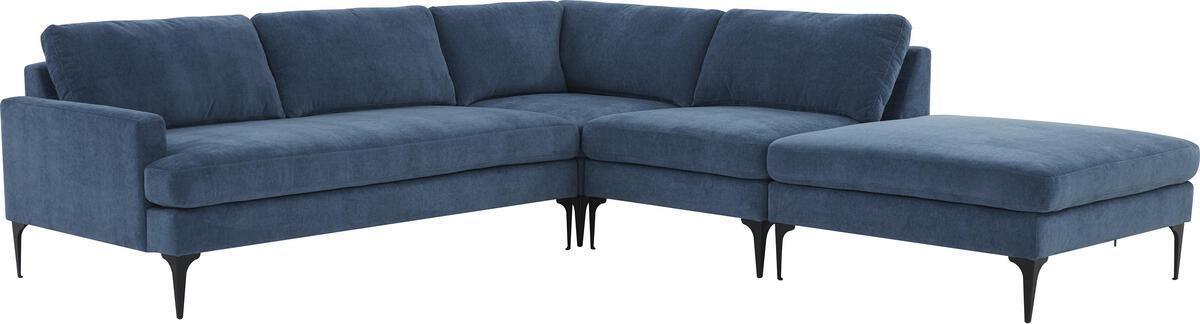 Tov Furniture Sectional Sofas - Serena Blue Velvet Large RAF Chaise Sectional with Black Legs