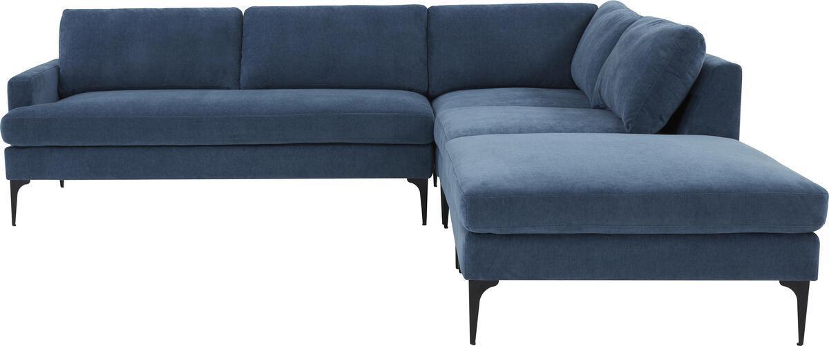 Tov Furniture Sectional Sofas - Serena Blue Velvet Large RAF Chaise Sectional with Black Legs