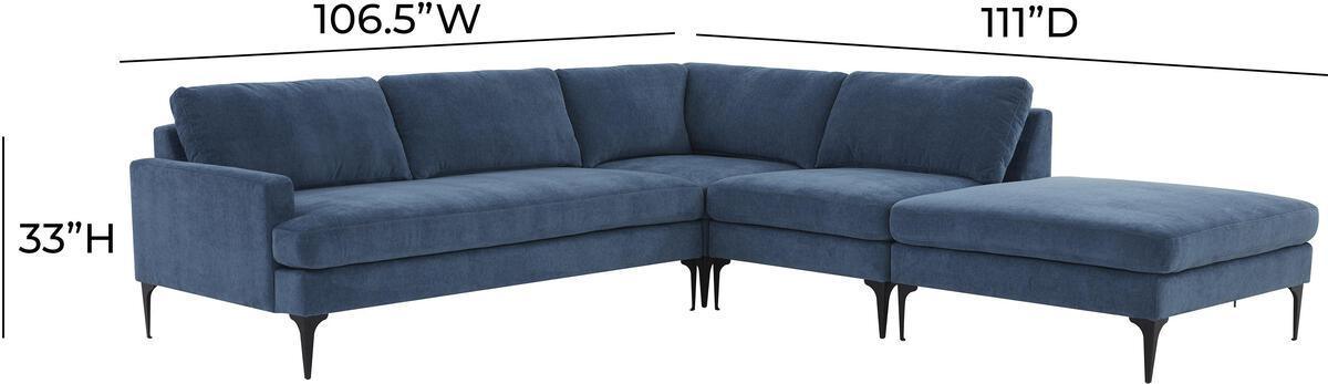 Tov Furniture Sectional Sofas - Serena Blue Velvet Large RAF Chaise Sectional with Black Legs