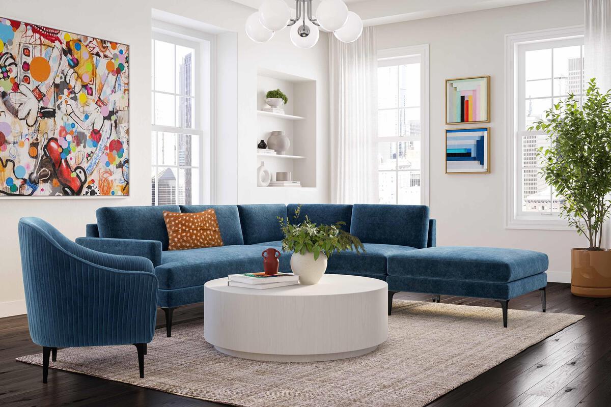 Tov Furniture Sectional Sofas - Serena Blue Velvet Large RAF Chaise Sectional with Black Legs