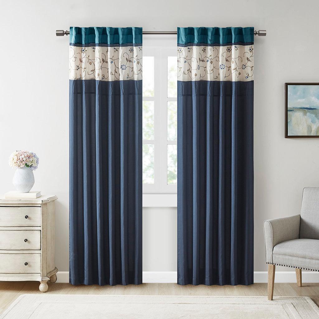 Olliix.com Curtains - Serene 84 H Embroidered Window Panel Navy