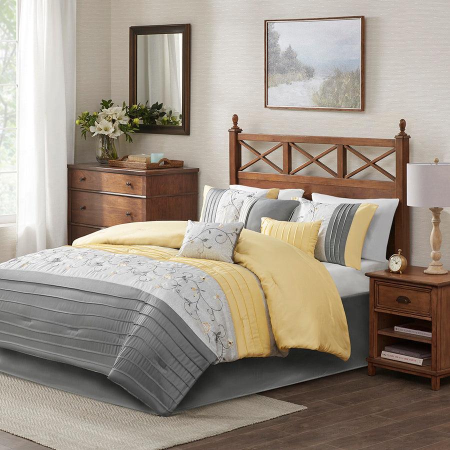 Olliix.com Comforters & Blankets - Serene Casual Embroidered 7 Piece Comforter Set Yellow Cal King