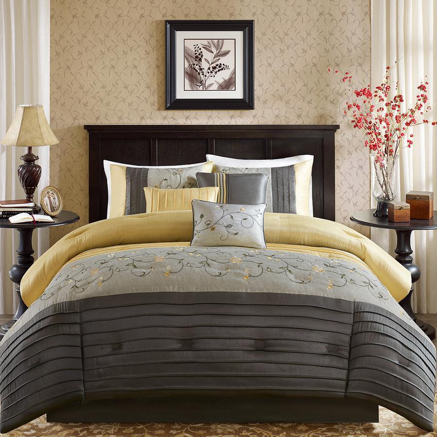 Olliix.com Comforters & Blankets - Serene Casual Embroidered 7 Piece Comforter Set Yellow Cal King