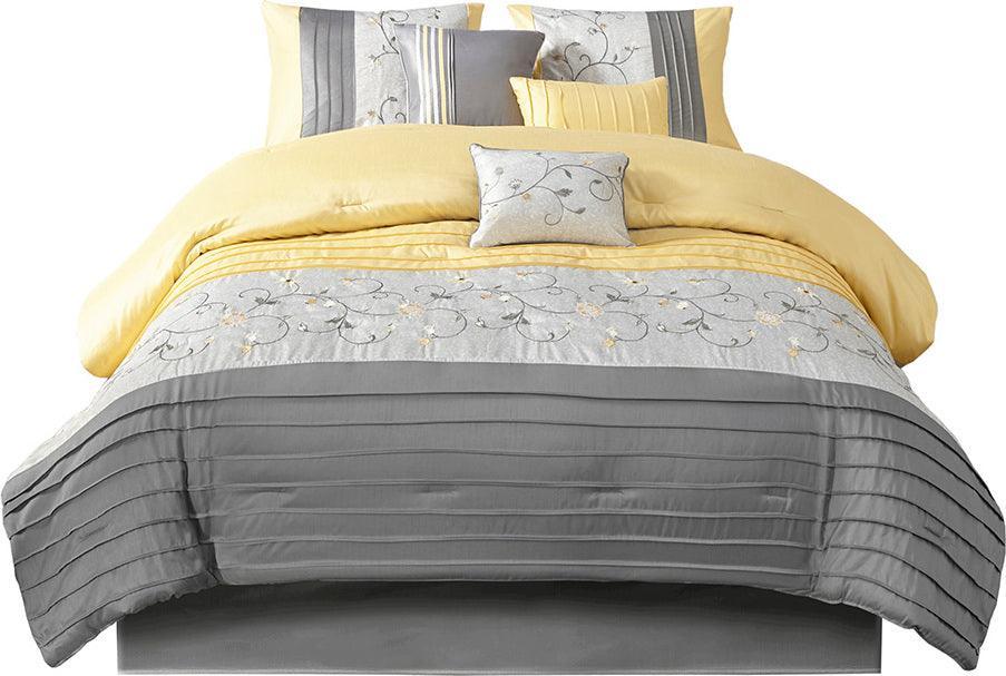 Olliix.com Comforters & Blankets - Serene Casual Embroidered 7 Piece Comforter Set Yellow Cal King