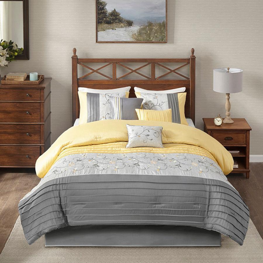Olliix.com Comforters & Blankets - Serene Casual Embroidered 7 Piece Comforter Set Yellow Cal King