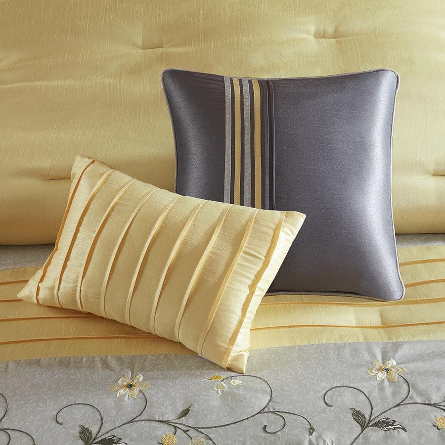 Olliix.com Comforters & Blankets - Serene Casual Embroidered 7 Piece Comforter Set Yellow Cal King