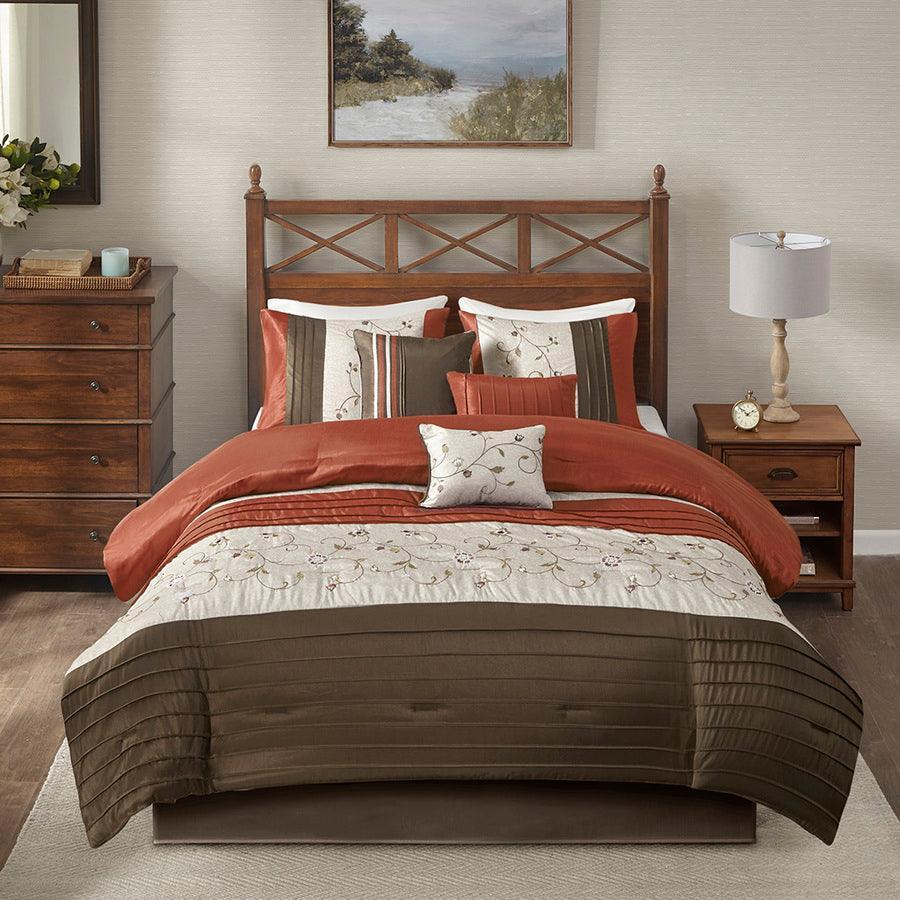 Olliix.com Comforters & Blankets - Serene Classic Embroidered 7 Piece Comforter Set Spice King