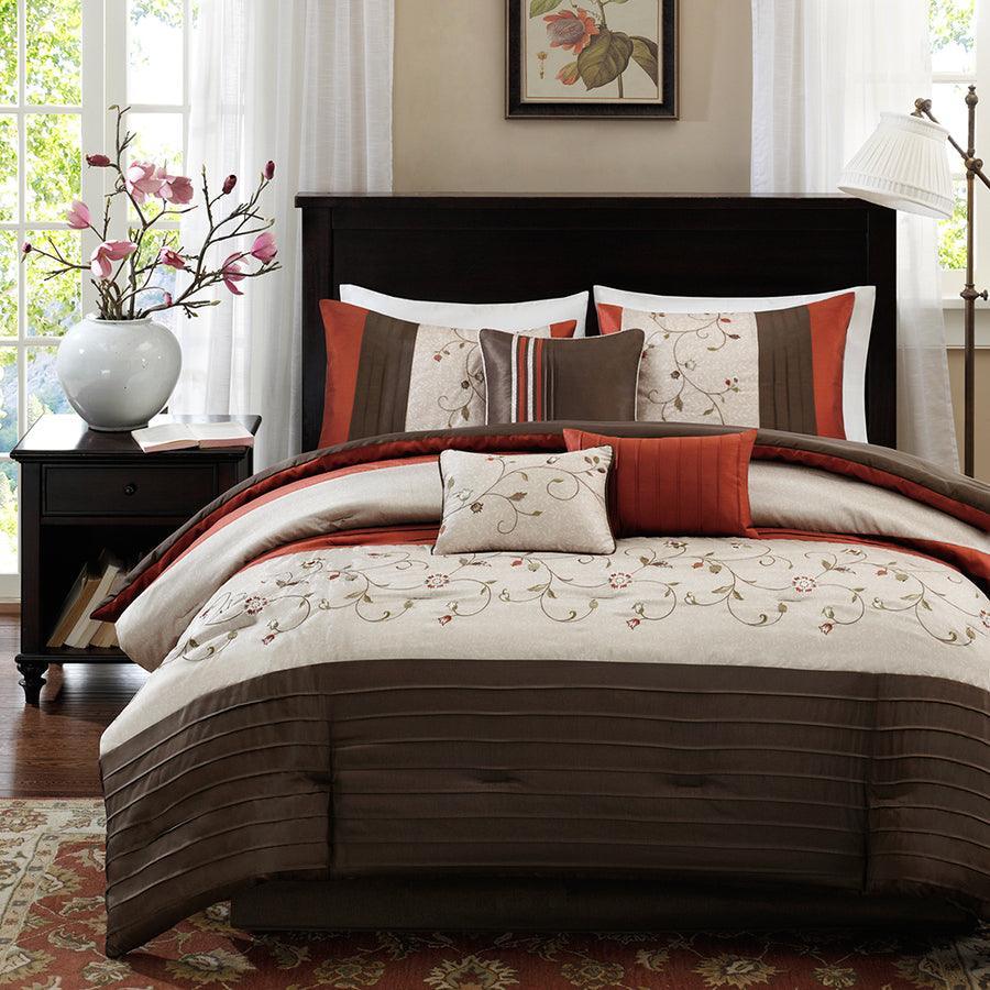 Olliix.com Comforters & Blankets - Serene Classic Embroidered 7 Piece Comforter Set Spice King