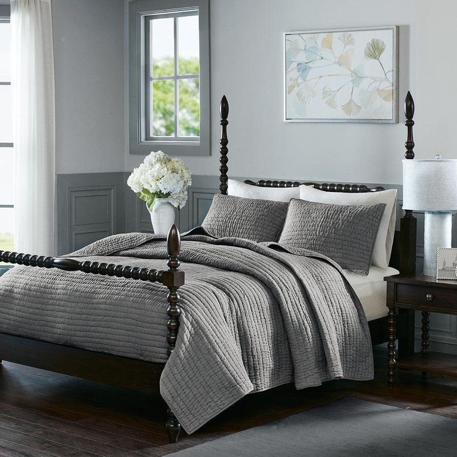 Olliix.com Sheets & Sheet Sets - Serene Cotton Hand Quilted Coverlet Set Gray King