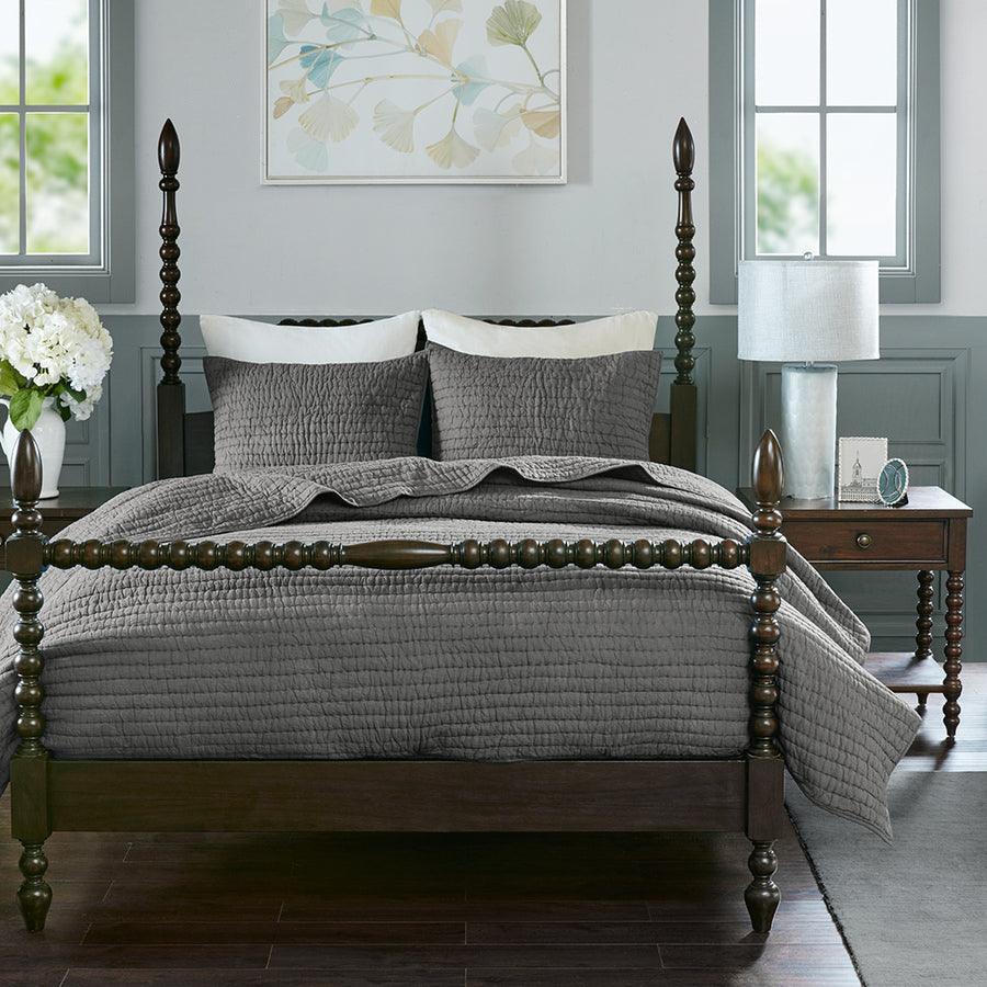 Olliix.com Sheets & Sheet Sets - Serene Cotton Hand Quilted Coverlet Set Gray King
