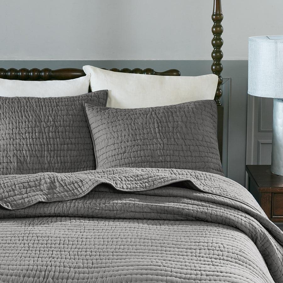 Olliix.com Sheets & Sheet Sets - Serene Cotton Hand Quilted Coverlet Set Gray King