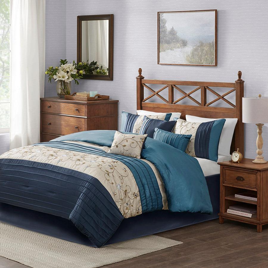 Olliix.com Comforters & Blankets - Serene Embroidered 7 Piece Comforter Set Navy Queen