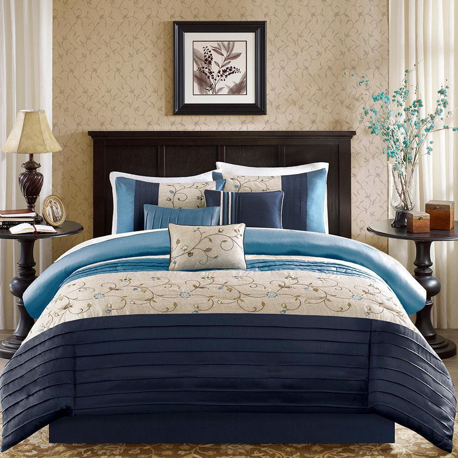Olliix.com Comforters & Blankets - Serene Embroidered 7 Piece Comforter Set Navy Queen