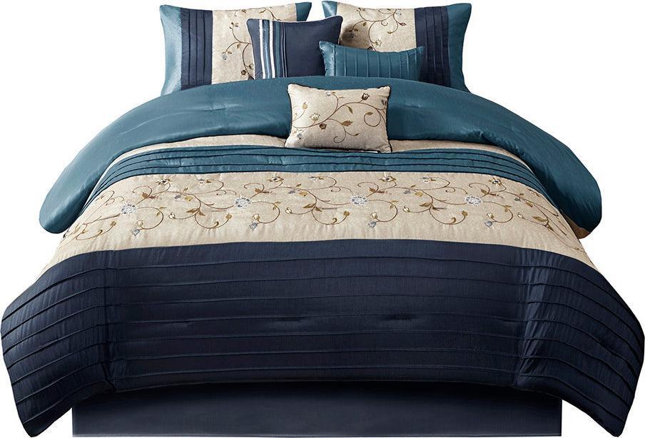 Olliix.com Comforters & Blankets - Serene Embroidered 7 Piece Comforter Set Navy Queen