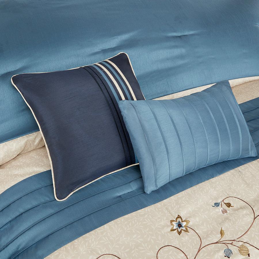 Olliix.com Comforters & Blankets - Serene Embroidered 7 Piece Comforter Set Navy Queen