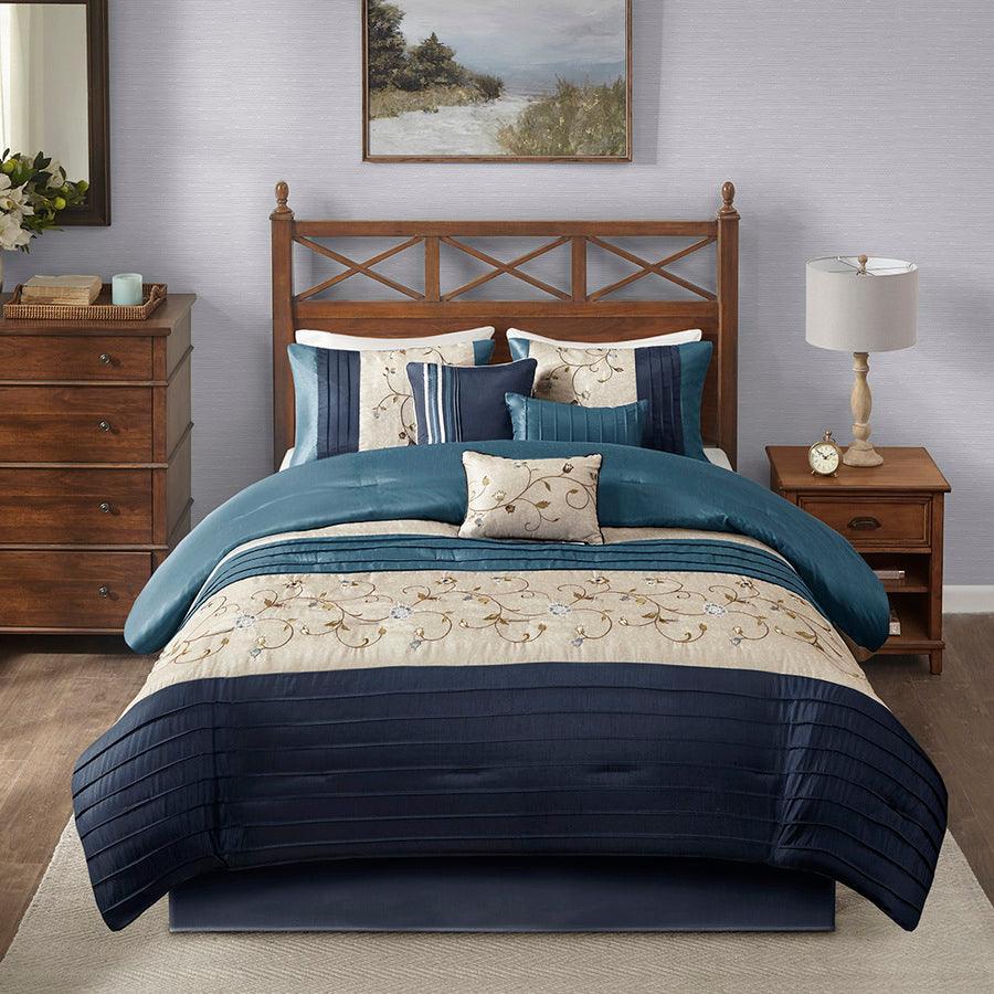 Olliix.com Comforters & Blankets - Serene Embroidered 7 Piece Comforter Set Navy Queen