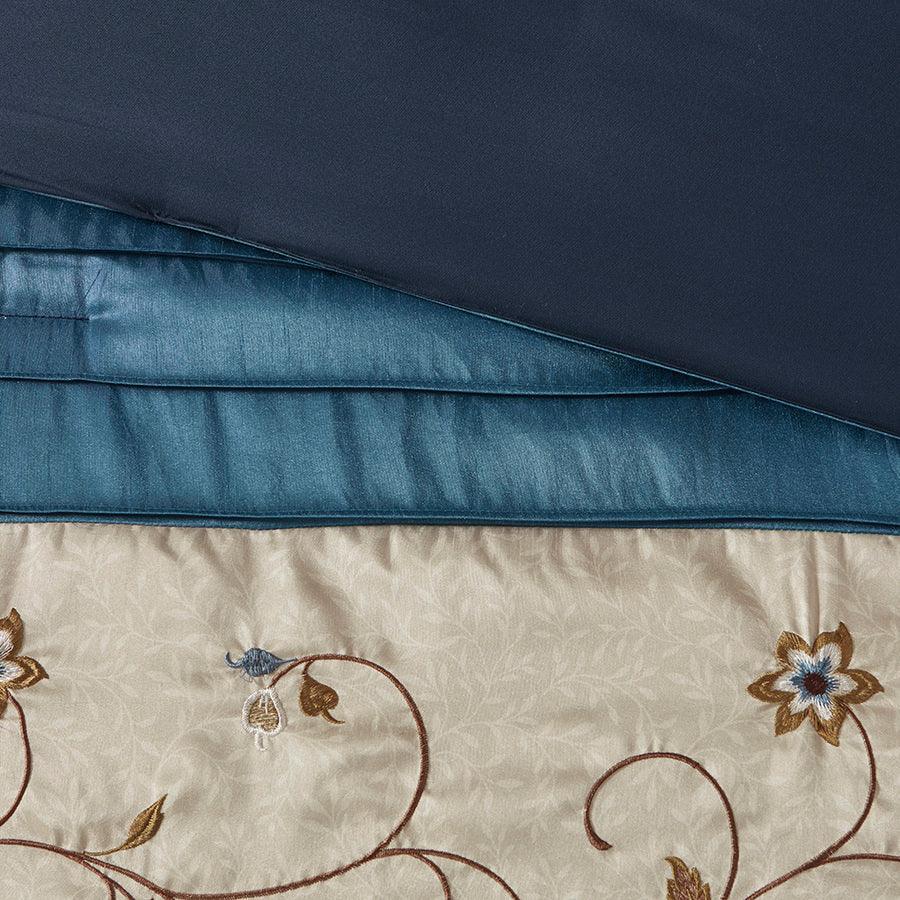 Olliix.com Comforters & Blankets - Serene Embroidered 7 Piece Comforter Set Navy Queen