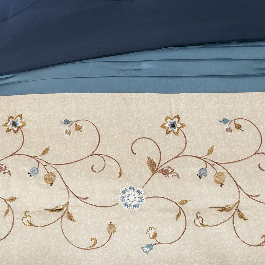 Olliix.com Comforters & Blankets - Serene Embroidered 7 Piece Comforter Set Navy Queen