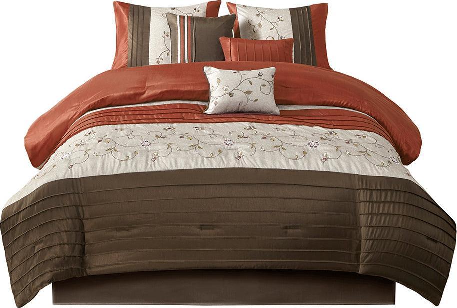 Olliix.com Comforters & Blankets - Serene Embroidered 7 Piece Comforter Set Spice Queen