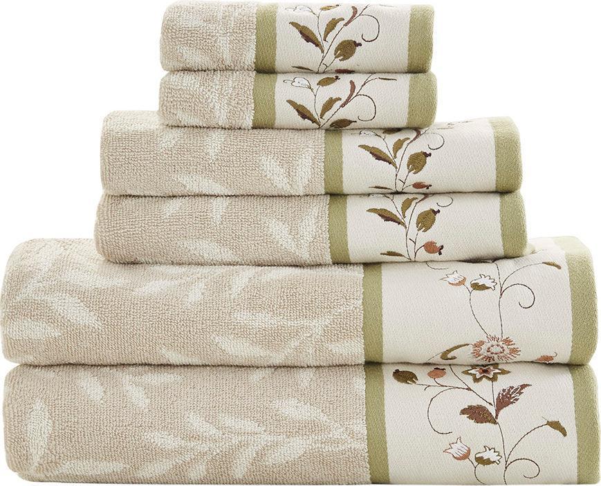 Olliix.com Bath Towels - Serene Embroidered Cotton Jacquard 6 Piece Towel Set Green