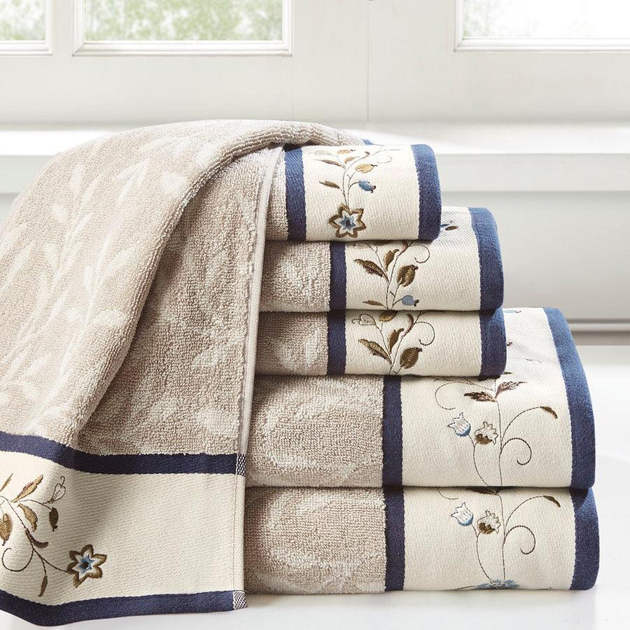 Olliix.com Bath Towels - Serene Embroidered Cotton Jacquard 6 Piece Towel Set Navy
