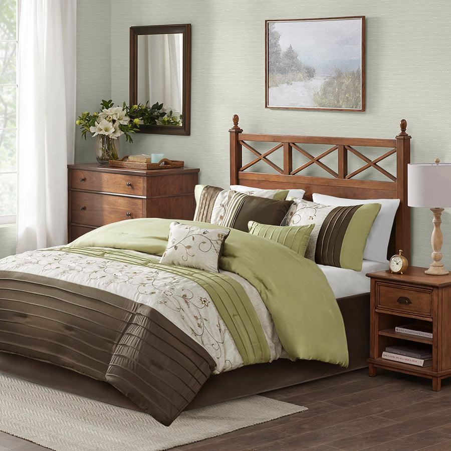 Olliix.com Comforters & Blankets - Serene Embroidered Transitional 7 Piece Comforter Set Green Queen