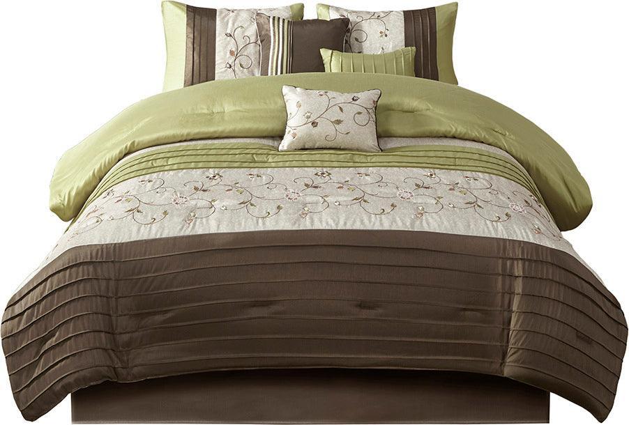 Olliix.com Comforters & Blankets - Serene Embroidered Transitional 7 Piece Comforter Set Green Queen