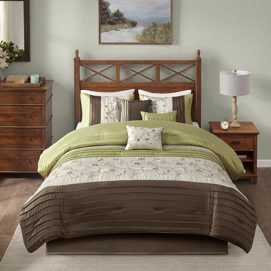 Olliix.com Comforters & Blankets - Serene Embroidered Transitional 7 Piece Comforter Set Green Queen