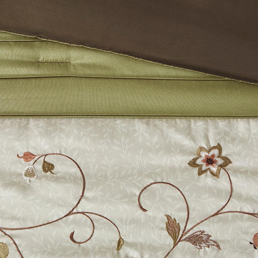 Olliix.com Comforters & Blankets - Serene Embroidered Transitional 7 Piece Comforter Set Green Queen
