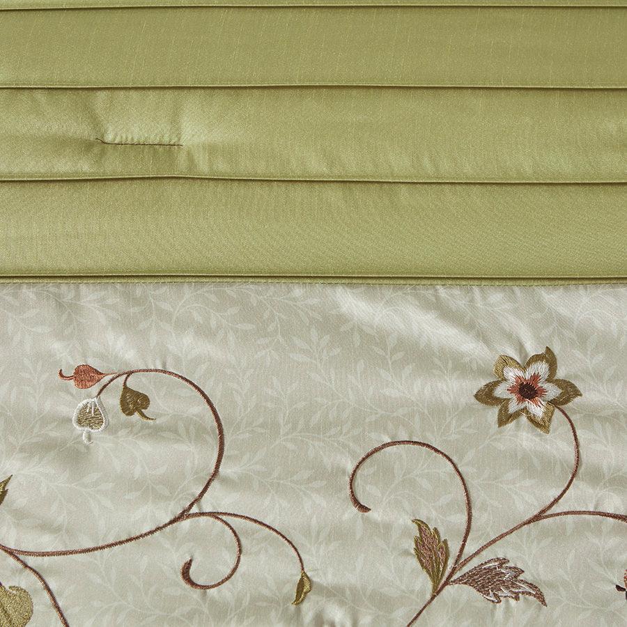 Olliix.com Comforters & Blankets - Serene Embroidered Transitional 7 Piece Comforter Set Green Queen