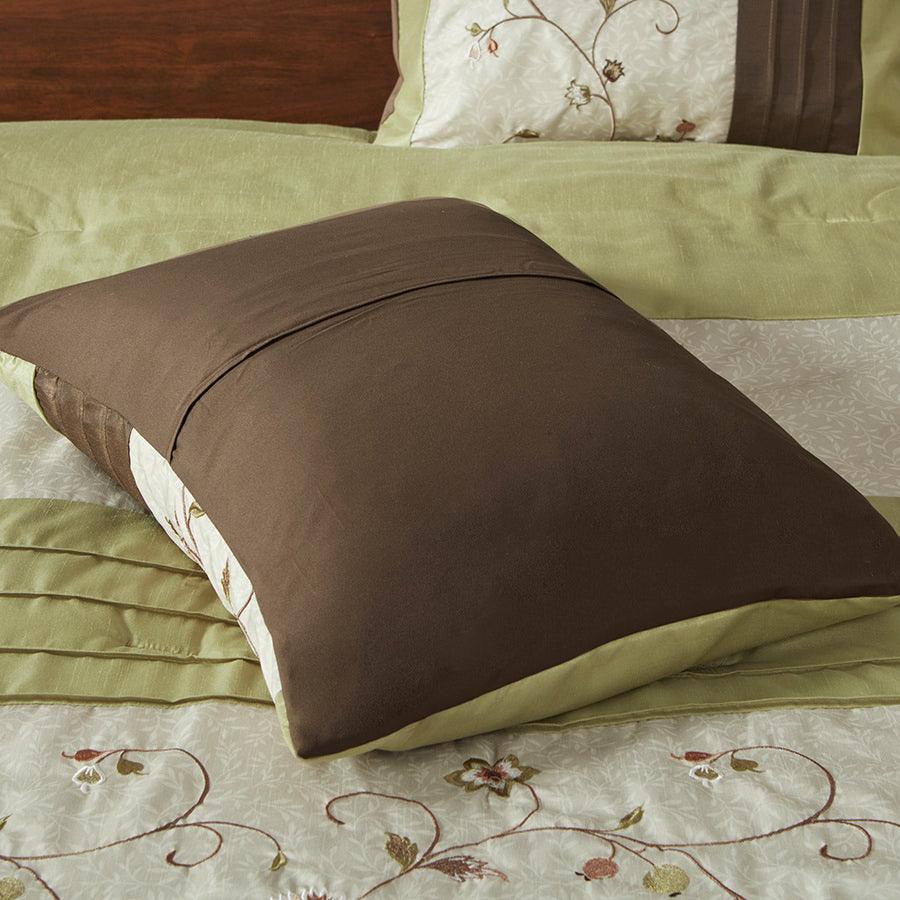 Olliix.com Comforters & Blankets - Serene Embroidered Transitional 7 Piece Comforter Set Green Queen
