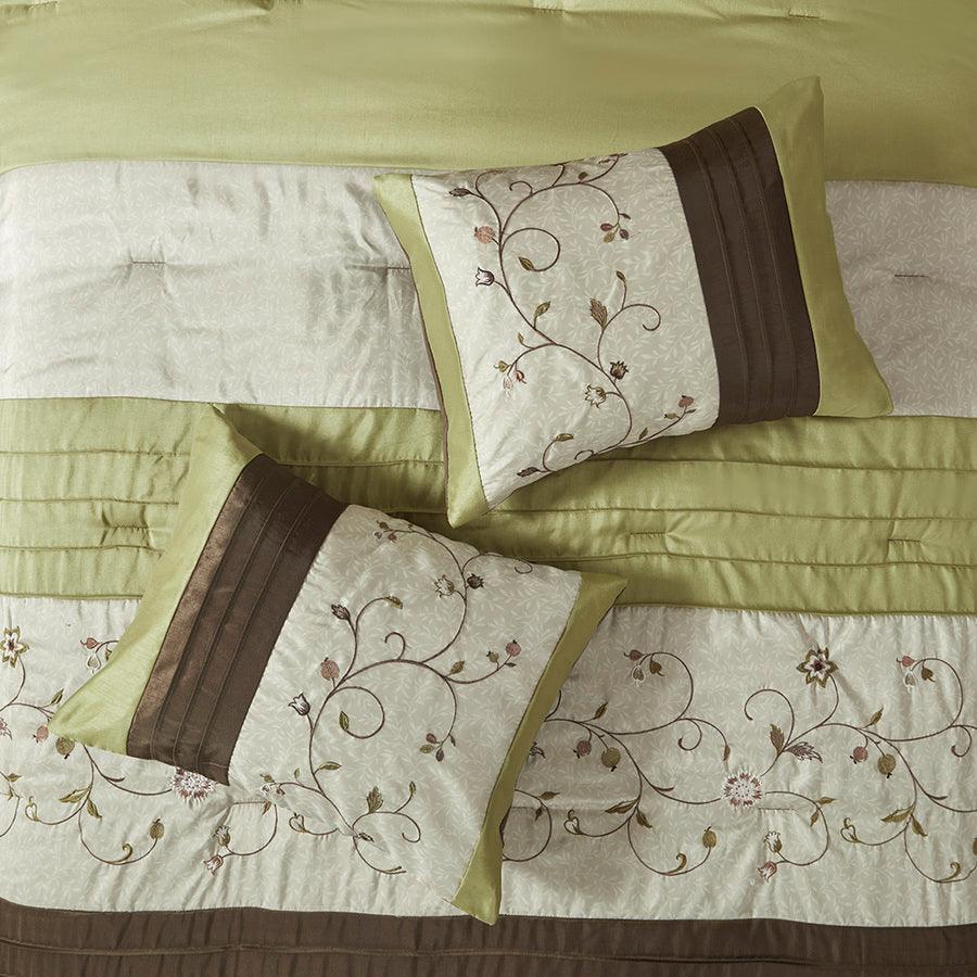 Olliix.com Comforters & Blankets - Serene Embroidered Transitional 7 Piece Comforter Set Green Queen