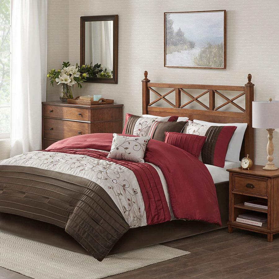 Olliix.com Comforters & Blankets - Serene Embroidered Transitional 7 Piece Comforter Set Red Queen