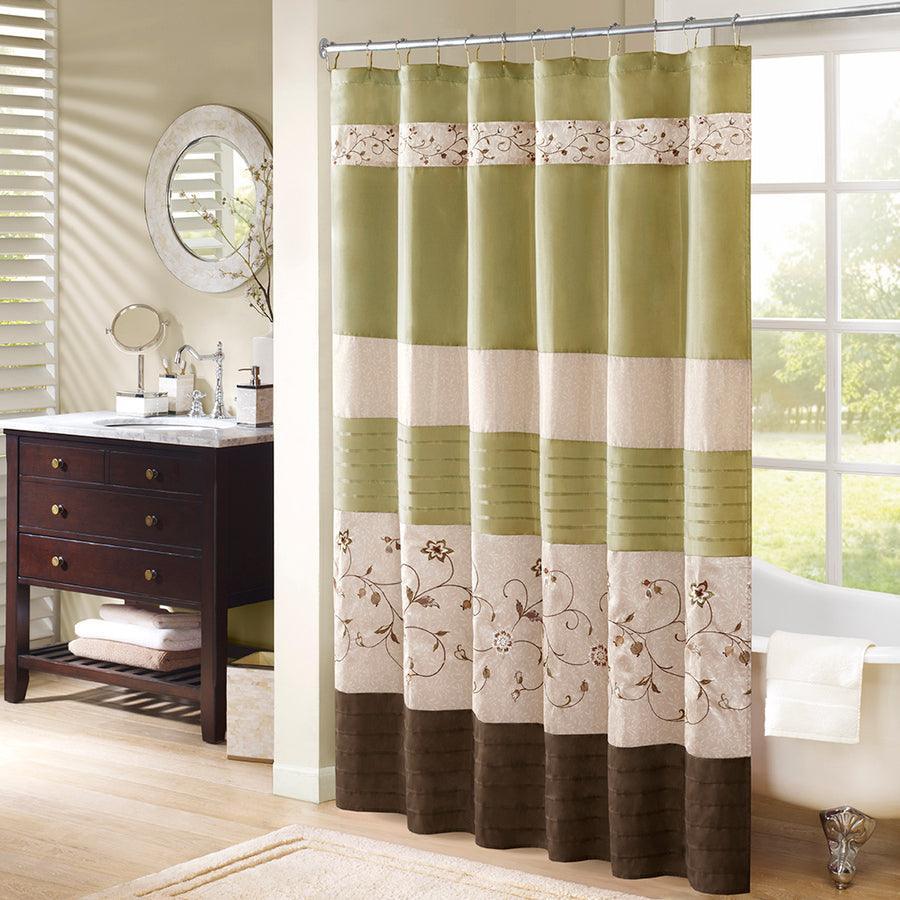 Olliix.com Shower Curtains - Serene Faux Silk Embroidered Floral Shower Curtain Green
