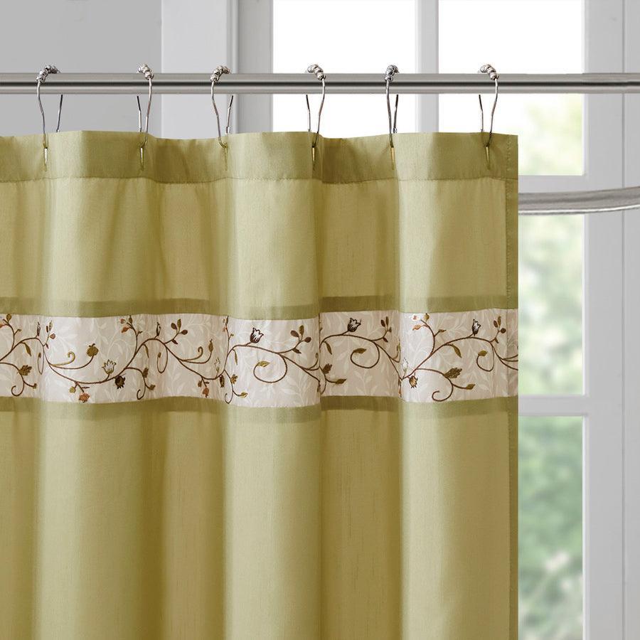 Olliix.com Shower Curtains - Serene Faux Silk Embroidered Floral Shower Curtain Green