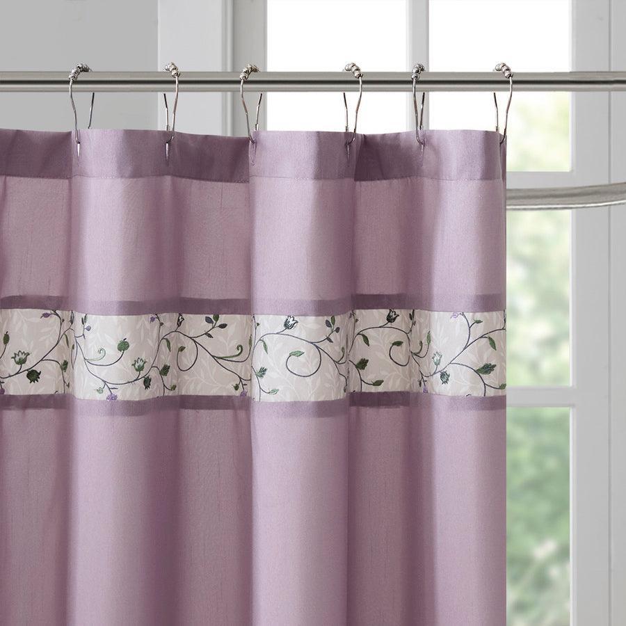 Olliix.com Shower Curtains - Serene Faux Silk Embroidered Floral Shower Curtain Purple
