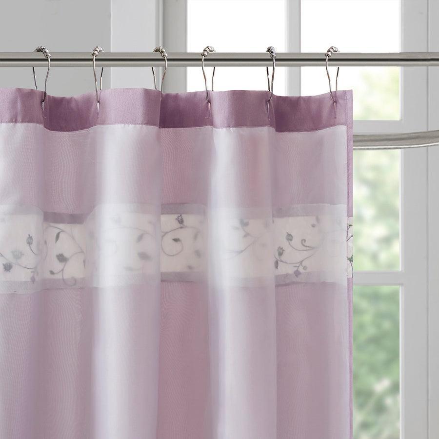 Olliix.com Shower Curtains - Serene Faux Silk Embroidered Floral Shower Curtain Purple