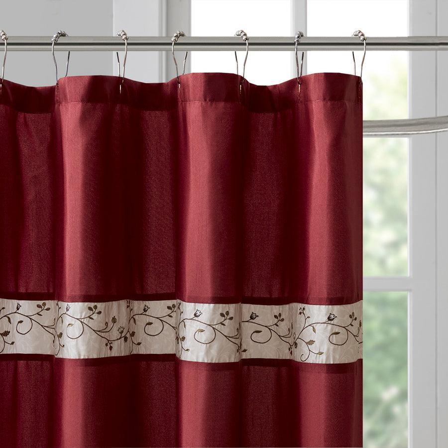 Olliix.com Shower Curtains - Serene Faux Silk Embroidered Floral Shower Curtain Red-MP70-644