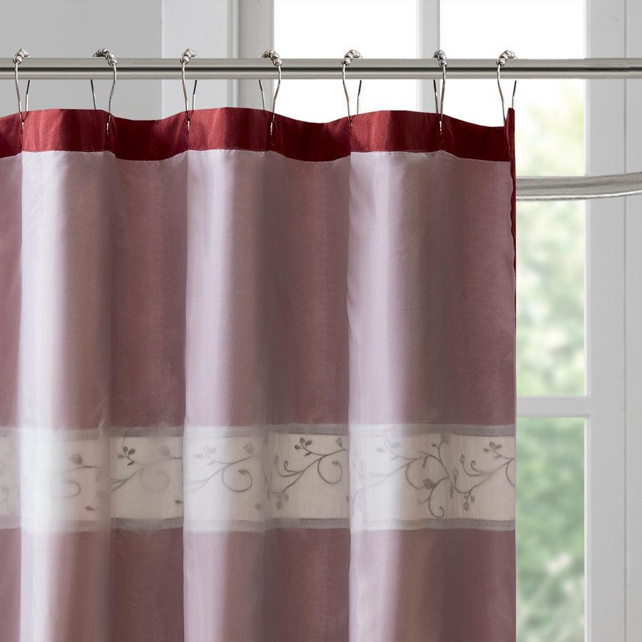 Olliix.com Shower Curtains - Serene Faux Silk Embroidered Floral Shower Curtain Red-MP70-644