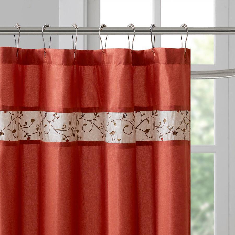 Olliix.com Shower Curtains - Serene Faux Silk Embroidered Floral Shower Curtain Spice