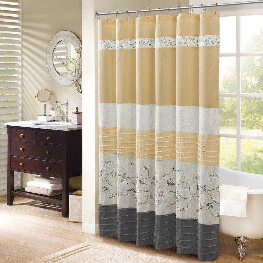 Olliix.com Shower Curtains - Serene Faux Silk Embroidered Floral Shower Curtain Yellow